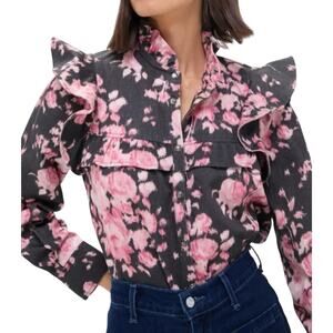 TUCKERNUCK Beaux Valette Winnie Blouse Ruffle Sleeve Black Pink Floral NWT Med